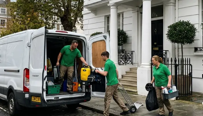 Royal Cleaning's 3-person team outside a stucco townhouse in Chelsea