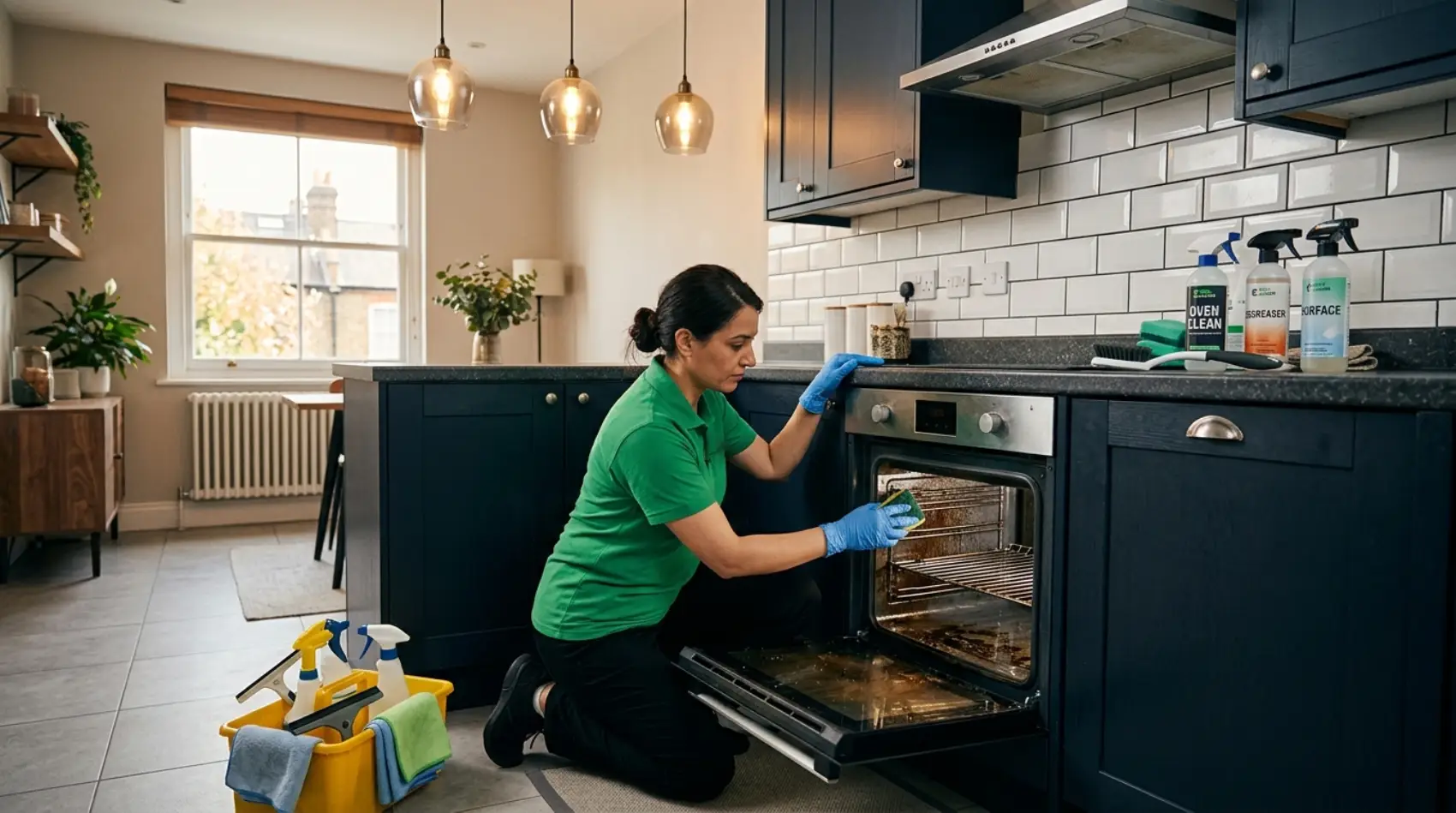 Professional deep cleaning team working in a London apartment kitchen