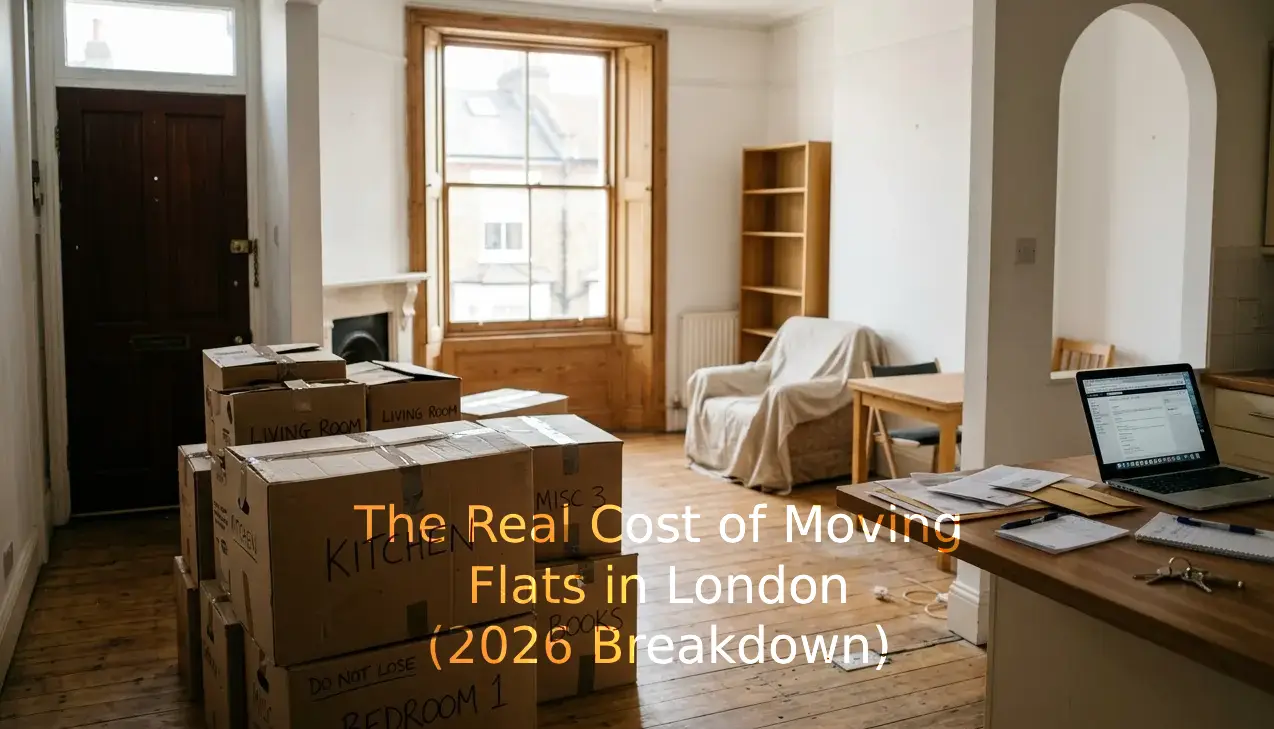 Cardboard moving boxes stacked near the door of a London rental flat with natural light coming through a sash window
